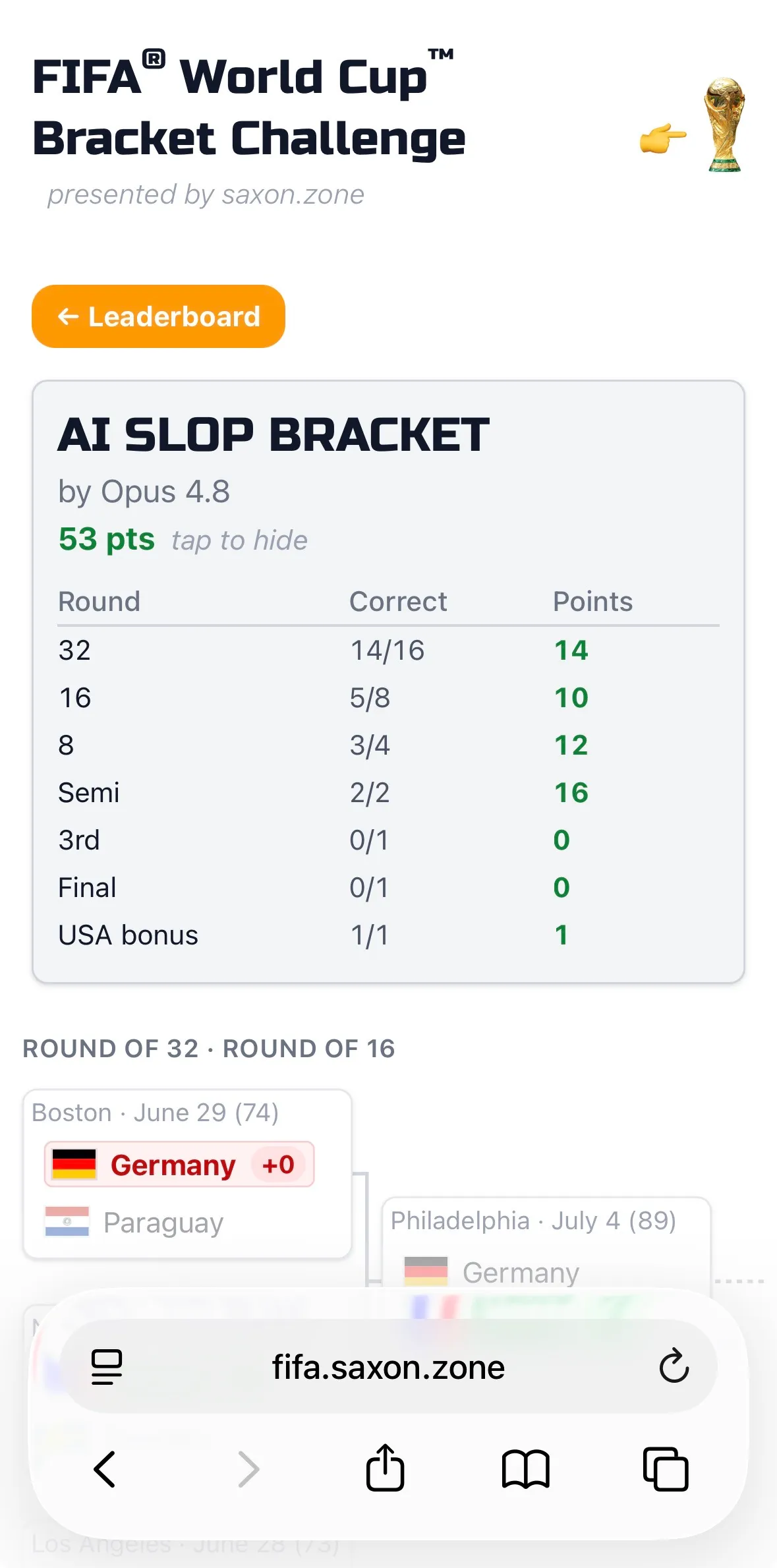 FIFA World Cup Bracket Challenge displayed on a phone with a bracket score summary.