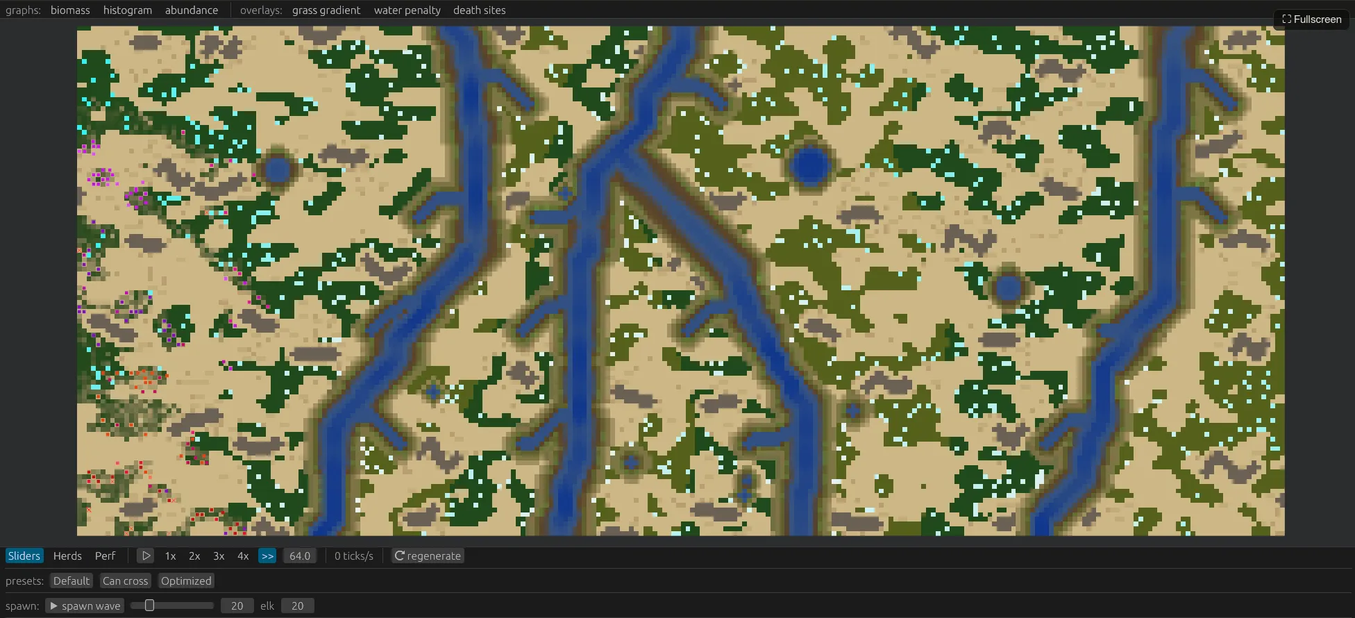 Mesopotamia simulation showing a pixel-art map with biomass controls and overlays.